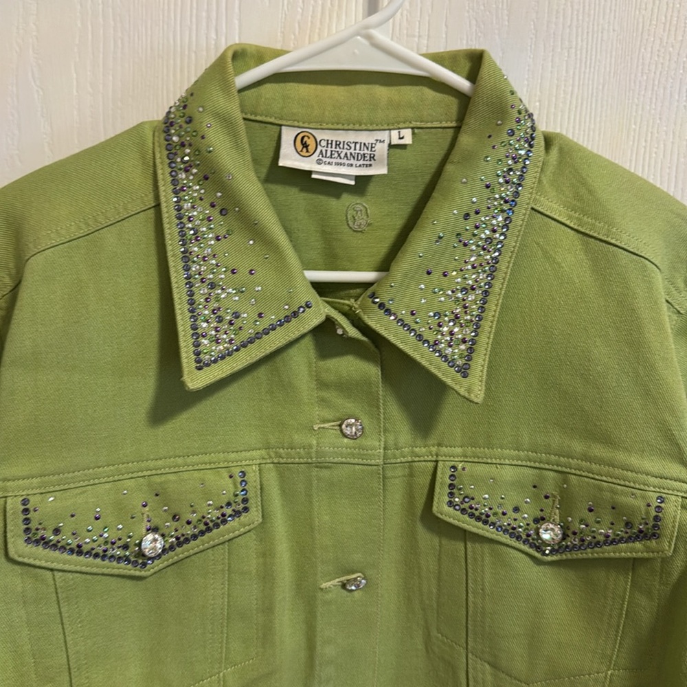 Christine Alexander Women's Large Green Denim Rhinestone Long Sleeve Button Down - Picture 2 of 15